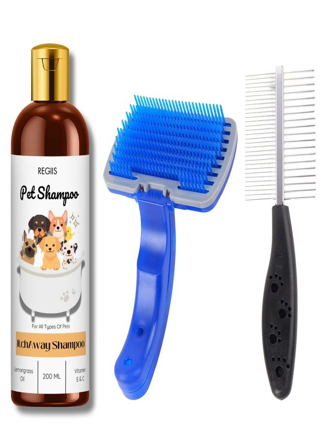 مجموعة شامبو وفرشاة تنظيف الحيوانات الأليفة، 200 مل تركيبة مضادة للحكة مع زيت عشبة الليمون وفيتامين هـ، فرشاة زرقاء ذاتية التنظيف لجميع أنواع الحيوانات الأليفة (عبوة من 3 قطع) - Image 1